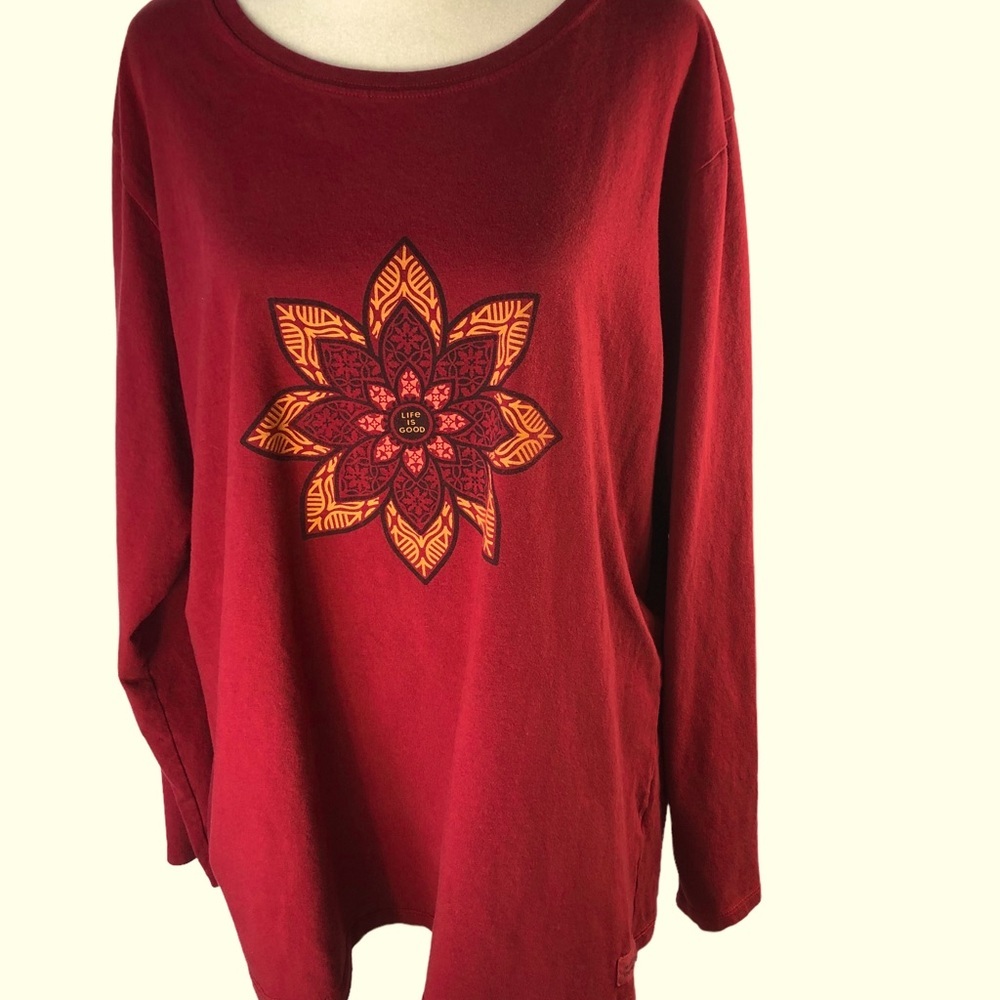 Life Is Good Women's Long Sleeve Tee - Red with Orange Graphic